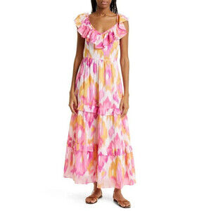 Banjanan Twiggy Tiered Ruffle Organic Cotton Maxi Dress Pink Women's Size Medium